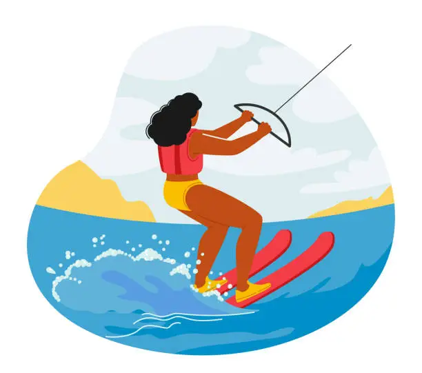 Vector illustration of Kite Surfer Female Character Glides Over Waves, Propelled By Wind And Kite. Rider Executes Tricks And Maneuvers