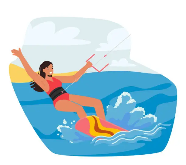 Vector illustration of Female Character Kite Surfing. Woman Using Kite To Harness The Wind, Glides Over The Waves, Performing Tricks And Jumps