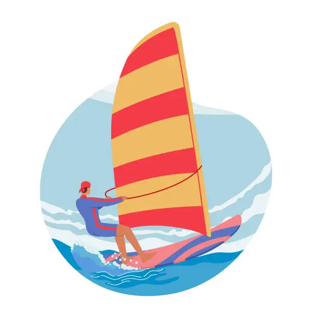 Vector illustration of Male Character Windsurfing Activity. Man Enjoying Thrill Of Sport, Gliding Over The Waves With Sail Powered By The Wind