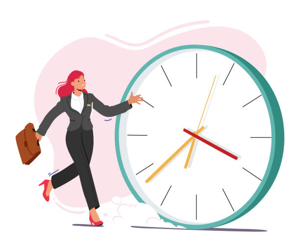 businesswoman biegnie obok ogromnego zegara, sprawdzając czas, wskazując znaczenie zarządzania czasem w świecie biznesu - checking the time time clock women stock illustrations