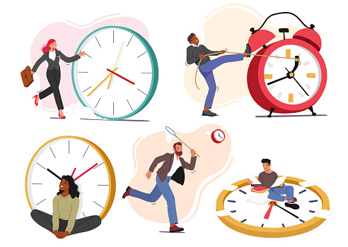 Set of People and Clocks, Concept of Time with Male and Female Characters Hurry, Trying to Reverse Arrows, Enjoying Time or Deadline. Life Planning and Balance. Cartoon Vector Illustration