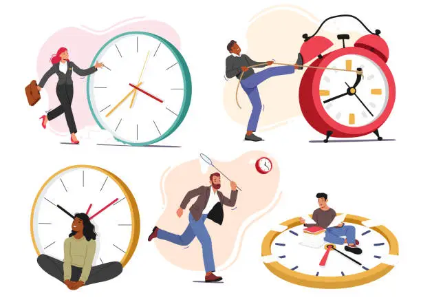 Vector illustration of Set of People and Clocks, Concept of Time with Male and Female Characters Hurry, Trying to Reverse Arrows, Enjoying Time