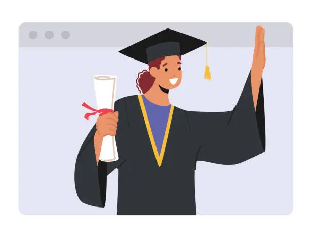 Vector illustration of Online Graduation Ceremony With Bachelor Girl Character With Diploma Scroll On Laptop Screen. Virtual Celebration