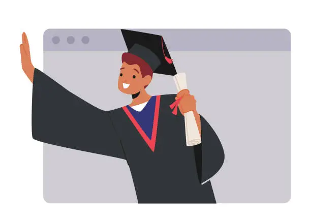 Vector illustration of Online Graduation Ceremony With Boy Bachelor Character Holding Diploma Scroll On Laptop Screen, Celebrating