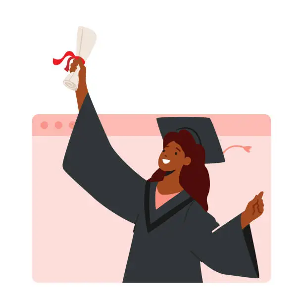 Vector illustration of Online Graduation Ceremony With African american Girl Bachelor Character Displaying Diploma On Laptop Screen