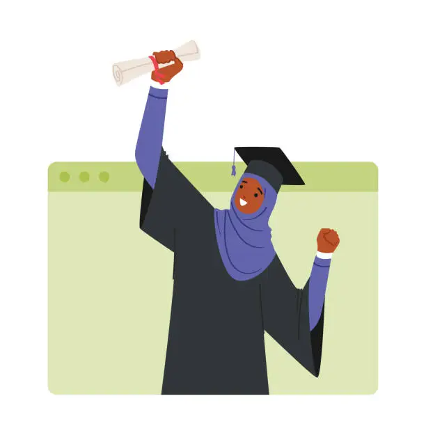 Vector illustration of Online Graduation Ceremony Featuring Muslim Girl Bachelor Character Holding Diploma On Laptop Screen