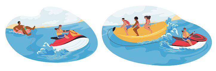 Rider Characters On Banana Boat And Water Tube Experience High-speed Thrills While Being Pulled Behind A Jet Ski, Bouncing And Gliding Across The Water Cartoon People Vector Illustration