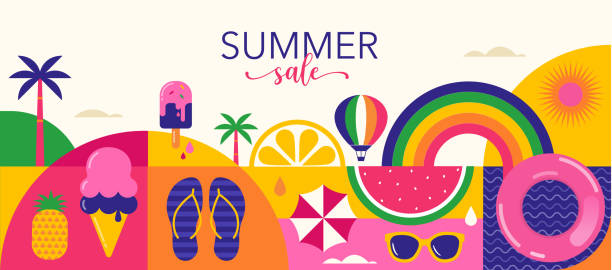 Colorful Geometric Summer Background, poster, banner. Summer time fun concept design promotion design Colorful Geometric Summer Background, poster, banner. Summer time fun concept design promotion vector design summer background stock illustrations