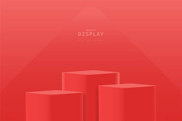 istock red minimal wall scene for product display or mockup. set of red 3d cube or podium stand with geometric round rhombus background. stage for product presentation. 1486947258