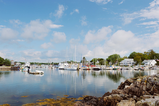Fishing boats moored in Kennebunkport harbor, Maine, USA