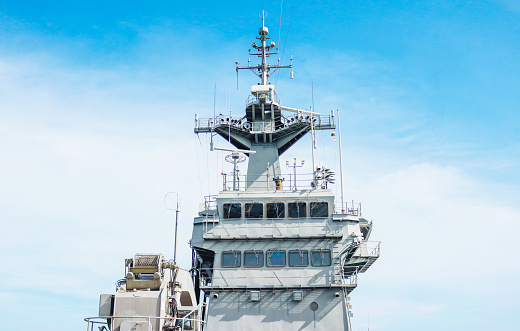 Australian Navy ship in the port, background with copy space, full frame horizontal composition