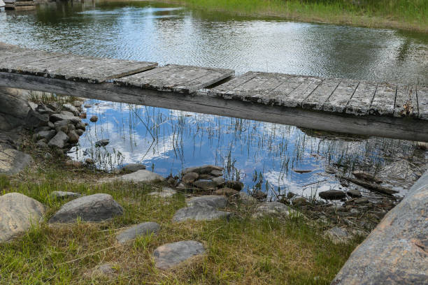 A wooden small bridge over a pond