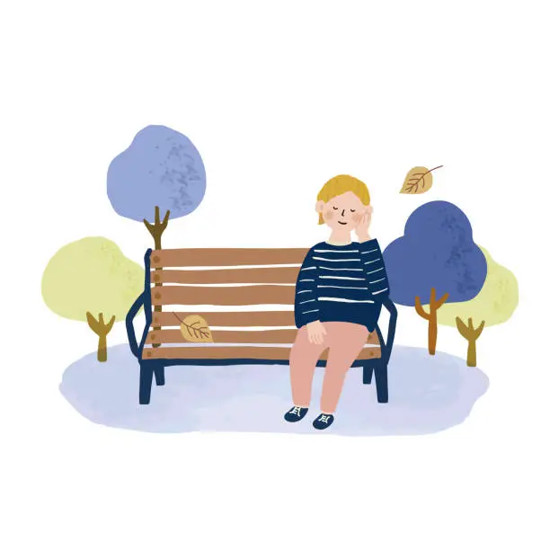 Vector illustration of People sitting on benches, trees, parks