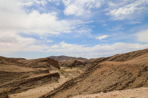 Panoramic view of the dry riverbed in the desert landscape of Kuiseb pass Namibia