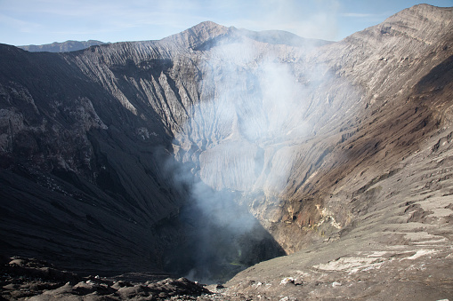 View inside the crater of Mount Bromo. Active volcano, Bromo Tengger Semeru National Park, East Java, Indonesia.
