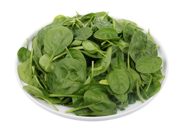 istock Bunch of fresh spring spinach leaves on a round plate 1486972967