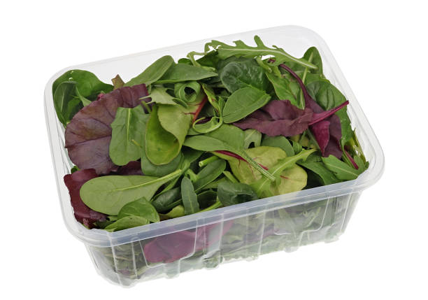istock Fresh lettuce, spinach and arugula in a plastic box from the store isolated 1486973125