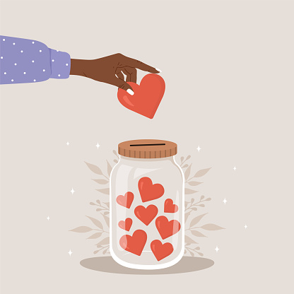 Donation glass jar with red hearts. African female hand throw heart in huge bottle for donate. Give and share your love. Support for poor people and children. Vector illustration in cartoon style.