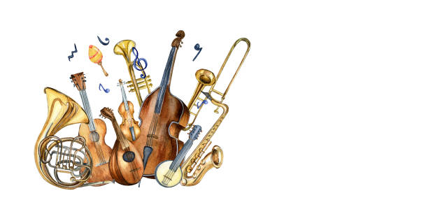 Guitar, violin, contrabass and banjo, mandolin watercolor illustration isolated. Guitar, violin, contrabass and banjo, mandolin watercolor illustration isolated. Stringed and wind musical instruments hand drawn. Design element for flyer, live concert events, brochure, poster contra bassoon stock illustrations