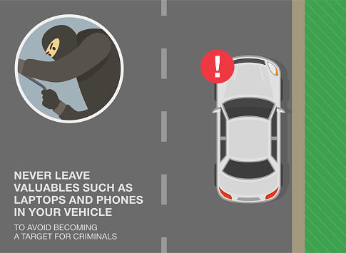 Car theft safety tips. Never leave valuables in your vehicle to avoid becoming a target for criminals. Thief with a robbery mask trying to open the car door. Top view. Flat vector illustration.