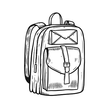 Backpack black color hand drawn sketch style vector art illustration.