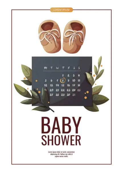 Vector illustration of Flyer design with monthly calendar and baby shoes.