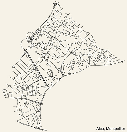 Detailed hand-drawn navigational urban street roads map of the ALCO NEIGHBOURHOOD of the French city of MONTPELLIER, France with vivid road lines and name tag on solid background