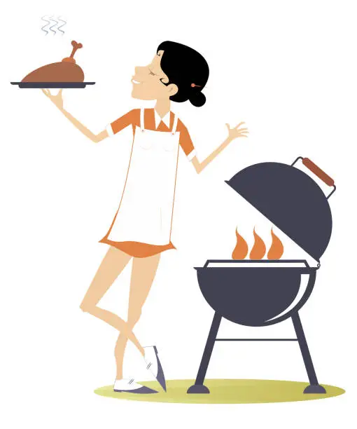 Vector illustration of Smiling woman preparing meat on fire