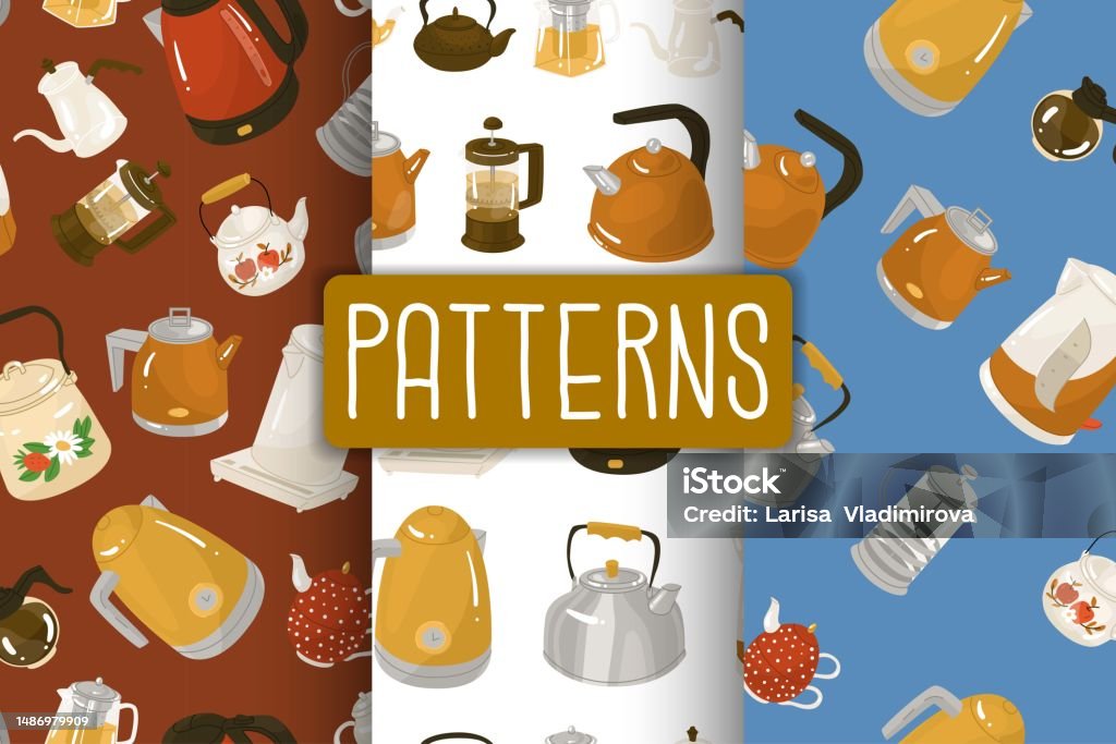 Kettle Pattern Set With 3 Endless Seamless Patterns With Different Types Of Kettles ...