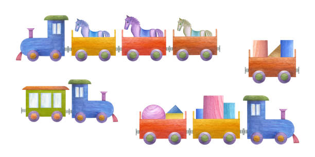 istock Watercolor set of kid wooden trains, horses, bricks isolated on white background. Multicolor illustration for poster, decoration, greeting cards, templates, wallpaper, wrapping. 1486981055