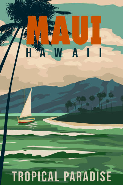 Maui Hawaii vintage travel poster. Tropical island, beach, palms, sailboat, surf, coastal ocean view. Vector illustration background, card retro style