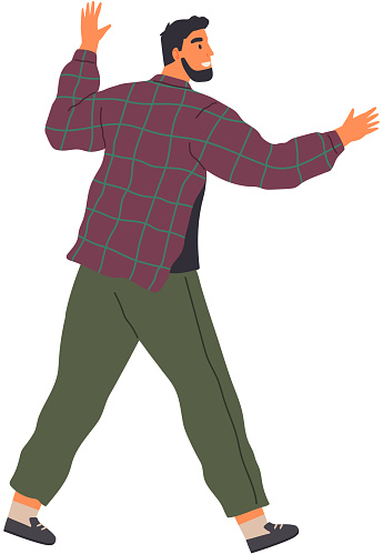 Young man going somewhere isolated on white. Male person walking and making hand gestures late for event and tries to gain it on hurrying. Vector illustration of lateness in cartoon style flat design