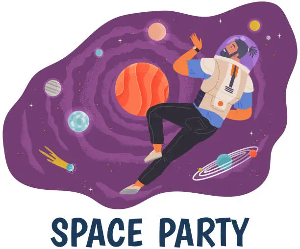 Vector illustration of Animators at birthday in cosmic style. Theme party in costumes. People in costumes have fun at space party poster