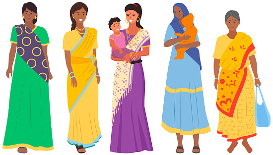 Indian woman with baby. Set of different standing old, adult and young women dressed in traditional national clothing isolated on white background in flat style. Differences people in east dress