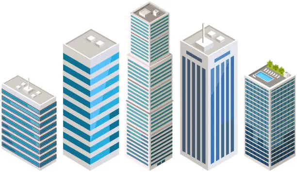 Vector illustration of Set of skyscrapers, constructions, modern buildings. Urban town style architecture, construction