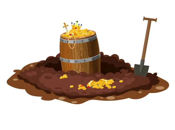 Vector illustration of Treasure barrel full of treasures, gold coins, Digging Hole in the ground,