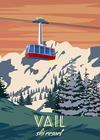 Vail Ski Travel resort poster vintage. Colorado USA winter landscape travel card, ski lift gondola, view on the snow mountain, retro. Vector illustration