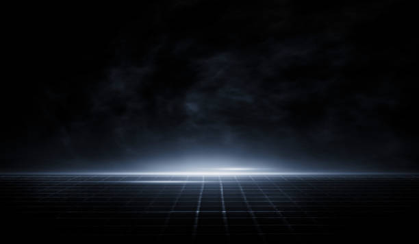 istock 3D rendering abstract wet asphalt reflection line of neon lights smoke. 1486982542