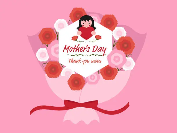 Vector illustration of girl sends a bouquet of carnations for mother's day