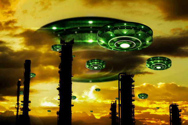 istock 3D Rendering Multiple UFOs Take Over Energy Sources To Absorb Energy Fantasy 1486983120