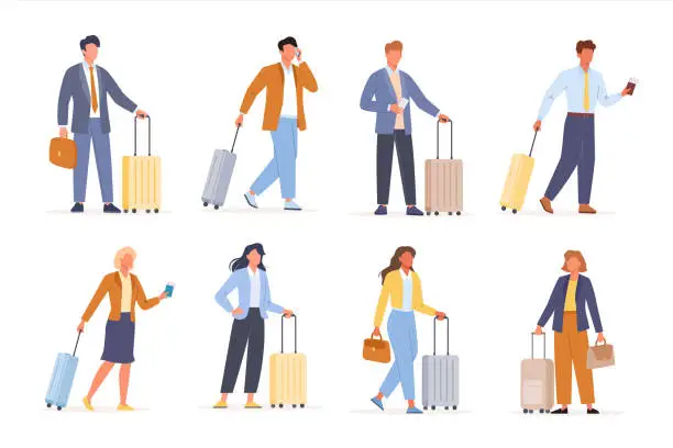 Vector illustration of Business people on a business trip set. Female and male character walk, stand, talk