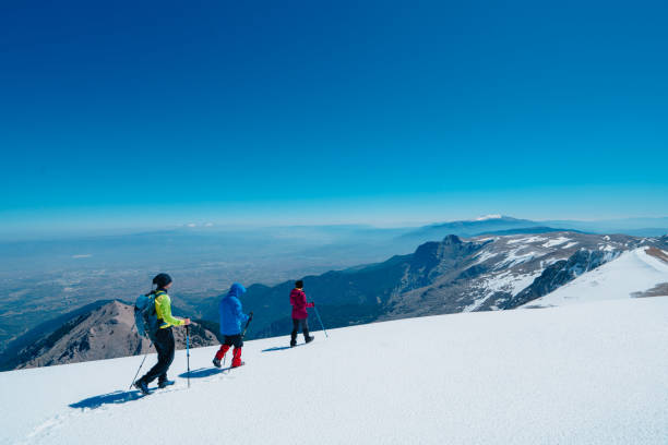 команда альпинистов идет по вершине, наблюдая за красивыми пейзажами леса и горного хребта. - snowshoeing hiking mountain winter стоковые фото и изображения