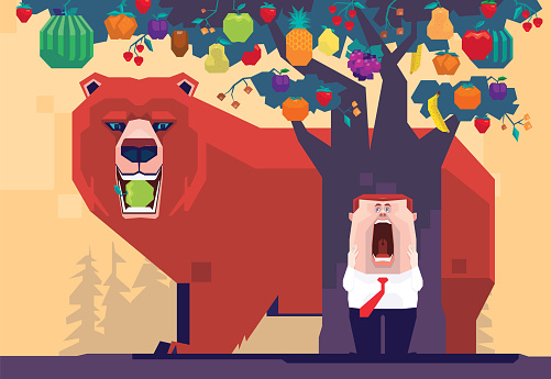 vector illustration of businessman screaming and finding bear holding apple beside fruits tree