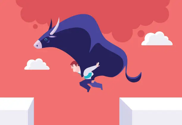 Vector illustration of businessman carrying bull on his back and jumping over cliff
