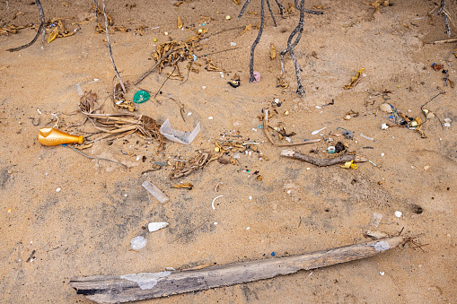 Plastic litter washed ashore on the popular tropical beach north of the city Trincomalee in the north eastern part of Sri Lanka