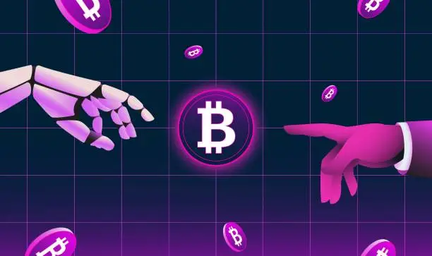 Vector illustration of Robot and human hands touching bitcoin vector illustration