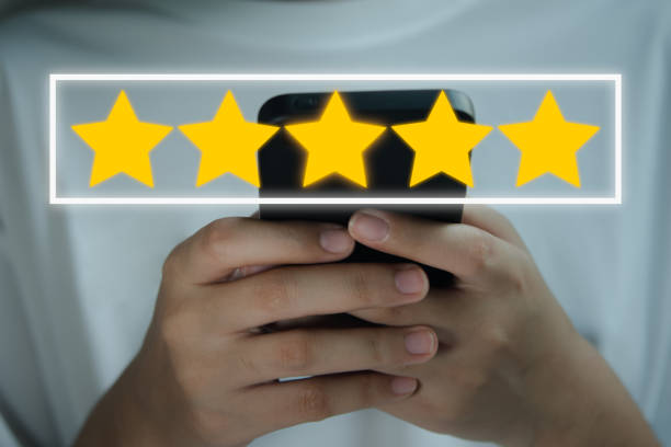istock Customer impression concept. Best service rating, satisfaction provided by hand. Display five-star high score. 1486987369