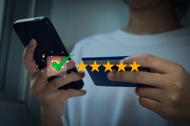 istock Customer impression concept. Best service rating, The highest satisfaction obtained by ticking a square. Display five-star high score. 1486987402