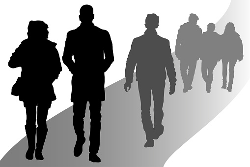 Six vector male and female silhouettes walk past each other. A couple of a girl and a man are talking. A group of people 3 people go into the distance. The lone guy goes ahead.