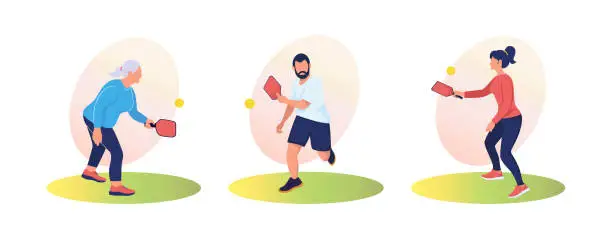 Vector illustration of People of different ages play pickleball